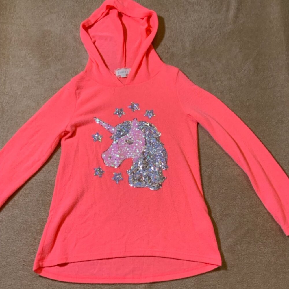 btween Girls 10 Neon Peach Unicorn Star Sequin High-Low Lightweight Knit Hoodie‎